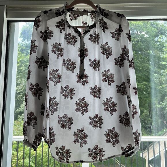 Ann Taylor Loft Top Womens Sz Medium Floral Coquette Blouse Romantic Ruffle - Picture 1 of 7